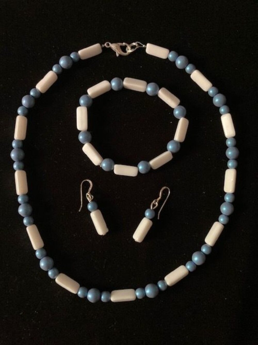 Blue and White Beaded Necklace, Bracelet and Earring Set